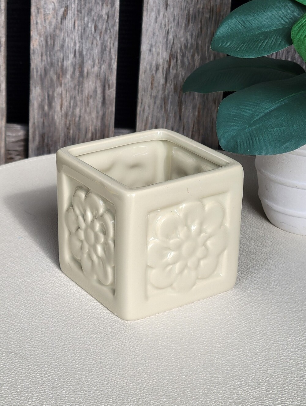 Embossed Floral Ivory Square Ceramic Container - Picture 5 of 6
